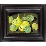 Susan P. Vogel (20th century Dutch), still life of figs, greengages and wasps, 10x14cm