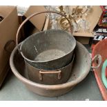 A copper twin handled wash bowl, 45cmW; together with a copper saucepan, brass saucepan with loop