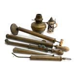 A mixed lot to include several vintage water sprays; brass oil lamp reservoir etc