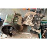 A Turner vintage winch; together with a very large four cylinder engine block, possibly for a