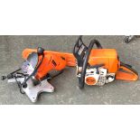 A Stihl MS 210C petrol chainsaw; together with a Neilsen chainsaw sharpener