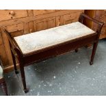 A mahogany upholstered duet stool, on square tapered legs and spayed feet, 101x37cm, the seat 53cmH