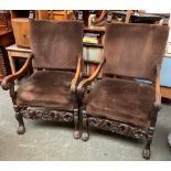 A pair of Franco-Flemish throne chairs, upholstered in brown velvet, the arms with acanthus