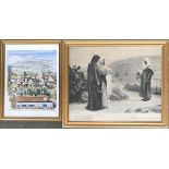 19th century print of a biblical scene, 'Ruth and Naomi', 40x50cm; together with a colour print of a