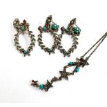 A white metal necklace set with marcasites and turquoise, the chain marked 925, approx. 40cmL;