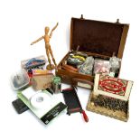 A gents overnight case containing a quantity of brass fittings, tins, various artists materials, etc