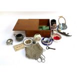 A mixed lot to include meat grinder in wooden case, pewter items, beaded evening purse, encrusted