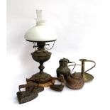 A mixed lot of brass and copper items to include oil lamp with milk glass shade and pyrex chimney,