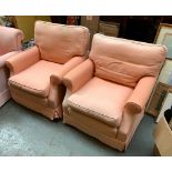 A pair of Dodge & Sons pink upholstered armchairs with outward scrolling arms, approx. 85cmW, on