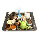 A mixed lot of ceramics to include teapots, jugs, copper jug, vintage blue glass Sanoid eye drop