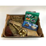 A box of brass items to include knobs; two boxes of Classic Cars Collectibles: Buses Collection