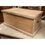 A pine blanket box, with brass cup handles, 81x45x36cmH
