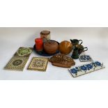 A mixed lot to include bargeware jugs, enamel tray, large darning mushroom, silver jubilee tin tea