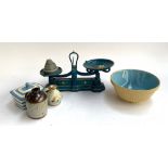 A set of W.T Avery bargeware painted kitchen scales; together with a small mixing bowl, butter dish,