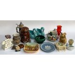 A mixed lot of ceramics to include dog biscuit jar, green glazed Dartmouth footed bowl, Wedgwood