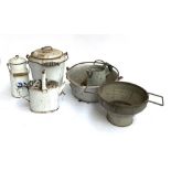 A mixed lot to include enamel milk pail; watering can; aluminium jam pan; colander