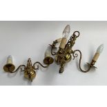 A brass three arm hanging chandelier; together with two matching single arm sconces