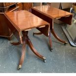 A pair of reproduction drop leaf tables, each on turned supports and four swept and reeded legs,