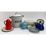 A mixed lot of vintage enamel kitchenalia, to include bread bin 30cmH (excluding handle); coffee