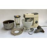 A vintage Kenwood chef mixer, with accessories including dough hook, mincer, blender etc