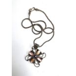 A 925 silver necklace, floral motif pendant set with amethyst and shell, approx. 40g