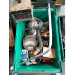 A mixed box of vintage car parts and other automobile interest items, including an ampmeter etc