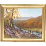20th century Scottish, heather by highland river, gouache on paper, 60x74cm, signed indistinctly