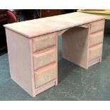 A painted pedestal desk, kneehole flanked by six drawers, 137x60x76cmH