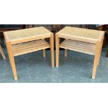 A pair of light oak occasional stools/tables, caned top, over slatted undershelf, 36x55x52cmH