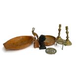 A mixed lot to include a cast iron wheat sheaf doorstop, 18cmH; brass candlestick pair; two wooden
