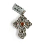 A Stephen Whittard pewter cross set with sunstone and tourmalines, 6cmL, with certificate of