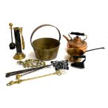 A mixed lot of metal items to include brass pot with iron loop handle; various fire furniture; small