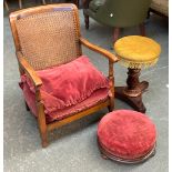 A Victorian circular piano stool, on turned and carved column support with triform base, together