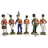 A collection of six Dresden military figures, 'Officier 3rd Guards' x2, 'Officier des Chasseurs a