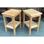 A pair of light oak occasional tables, with caned top and undershelf, one with glass inset top,