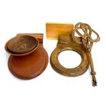 A mixed lot of wooden items to include turned wood fruit bowls, 32cmD and 27cmD; a carpet beater;