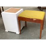 A mid century stool on tapering legs, 50cmW; together with a mid century laundry basket, the