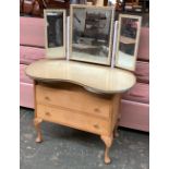 A small kidney shaped dressing table, with white and gilt three part dressing mirror, approx. 90cmW