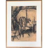 20th century charcoal wash on paper, Wheelback chair in an artist's studio, 74x53cm