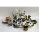 A mixed lot of ceramics to include Wedgwood Jasperware vases; encrusted basket vases; soap dish etc