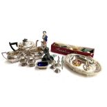 A mixed lot to include a Walker and Hall plated three piece tea service; spelter figure of boy