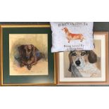 A pastel study of a dachshund; together with one other and a dachshund cushion