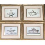 A set of four prints of decorative objects, in gilt frames, each 25x38cm, the frames internal