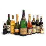 A mixed box of wine and spirits to include Marques du Monistriol vintage cava 2003; Canti Prosecco 2