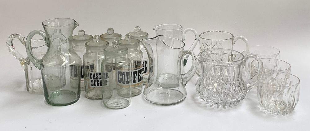 A lot six glass kitchen canisters; together with a quantity of glassware including jugs, bowls etc