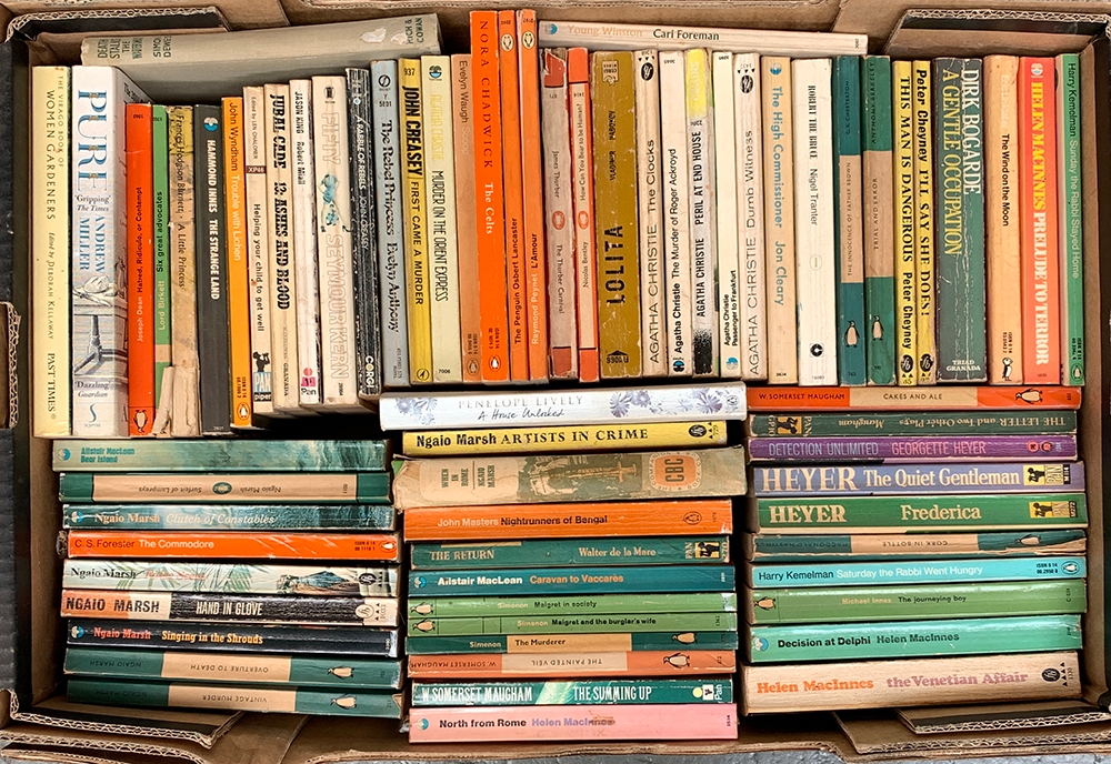A mixed box of paperbacks, mostly Penguins, to include G.K Chesterton, James Thurber, Evelyn