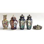 A mixed lot of ceramics to include a pair of hexagonal Staffs lidded vases, the panels depicting