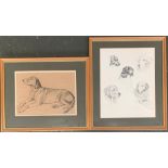A pencil study of a recumbent hound, 26x37cm; together with one other pencil study of various dog