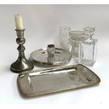 A square lead crystal decanter; together with a pewter candlestick, 24cmH; plated tray; several
