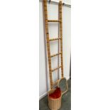 A bamboo five rung ladder and small dressing mirror; together with a wicker waste paper basket